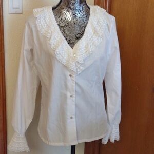 H Bar C Ranchwear ruffle lace  collar cotton longsleeve buttondown USA